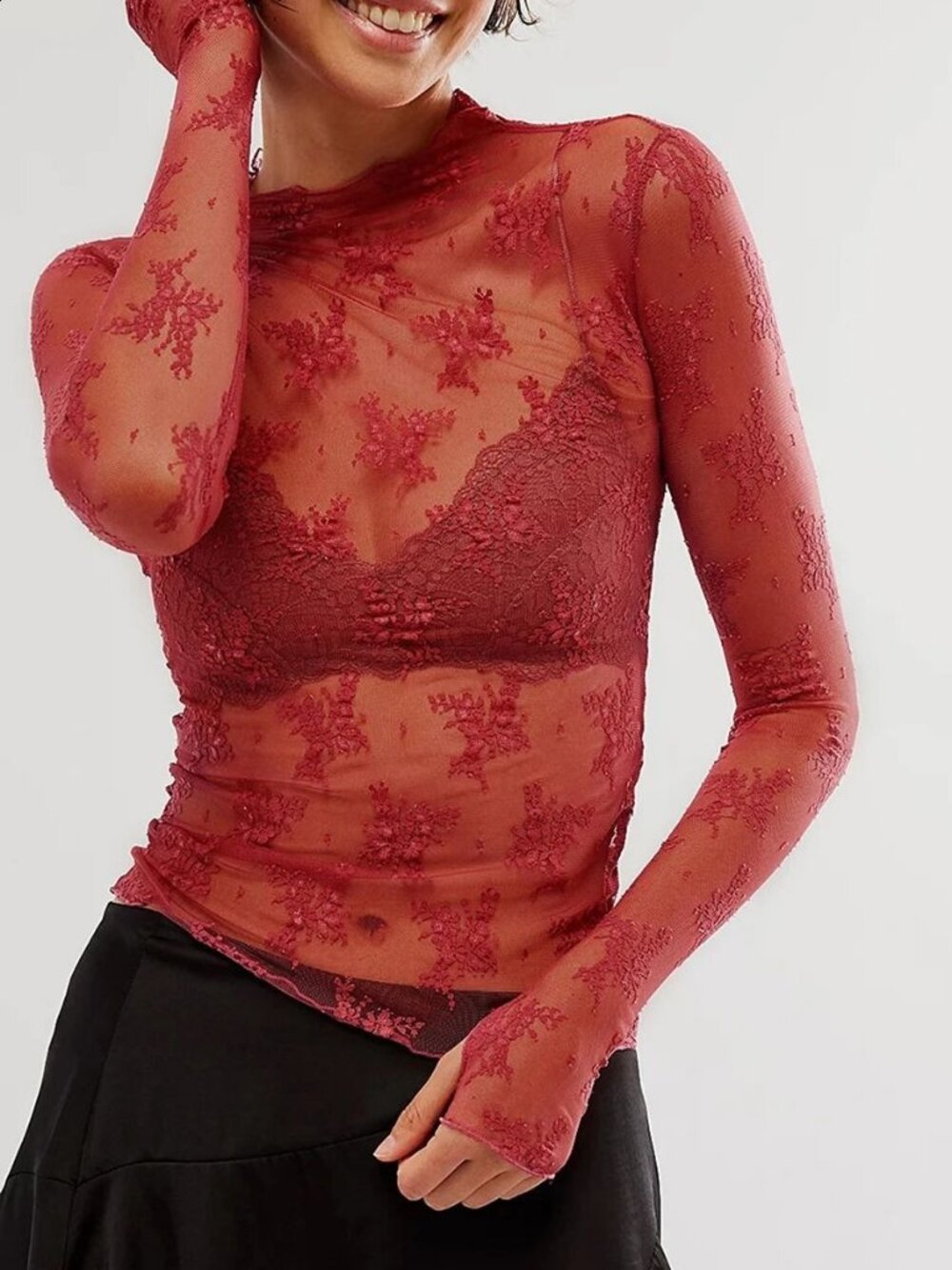 Sheer Mesh Floral Lace Mock Neck Long Sleeve Top Claret Red Layering Coquette